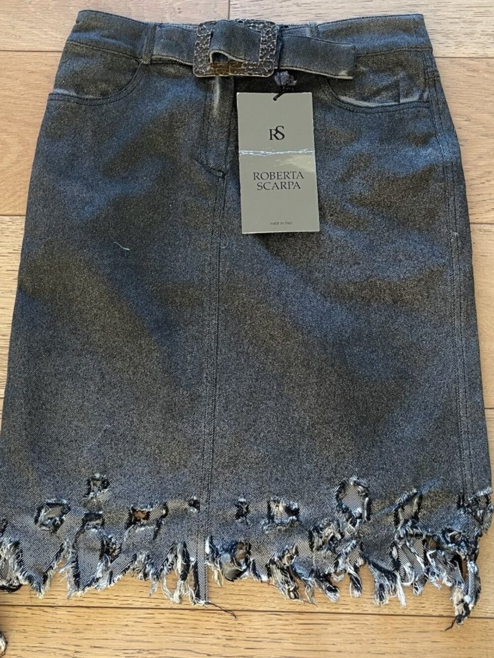 Roberta Scarpa Metallic Coated Denim Fringe Hem Skirt Sz 10 NWT